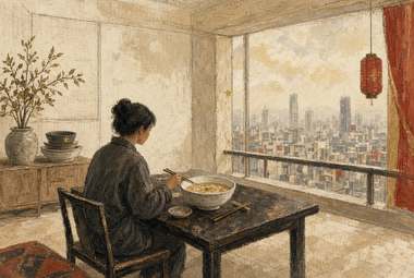mulher sentada sozinha à mesa comendo tigela de comida com hashi, janela grande com skyline urbano e lanterna