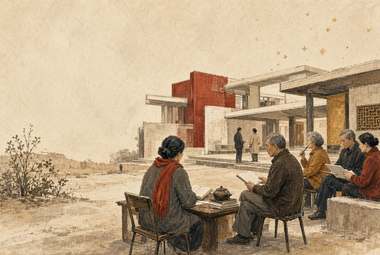 edifício moderno com fachada em cruz vermelha, quatro pessoas reunidas em mesa ao ar livre, uma delas com lenç