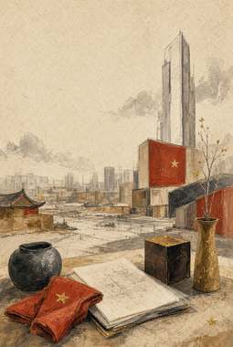 skyline urbano com arranha-céu, edifício vermelho modernista com estrela dourada, papéis e documentos sobre me