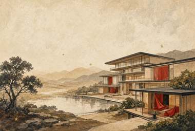 edifício residencial moderno e minimalista à beira de rio, detalhe vermelho na fachada, montanhas ao fundo