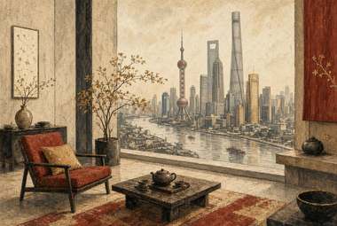 sala de estar com poltrona vermelha, mesa de chá, janela panorâmica mostrando o skyline de Lujiazui (Torre de