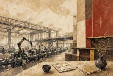 interior de fábrica com braço robótico em linha de montagem, estrutura metálica, painel vermelho e vaso em pri