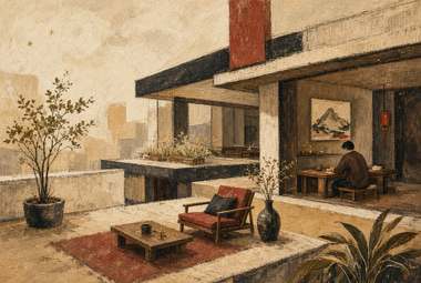 terraço com pessoa sentada trabalhando em mesa, pintura de paisagem na parede, pilar vermelho, plantas