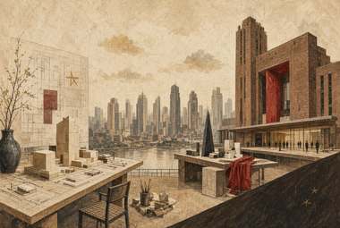 mesa com maquete arquitetônica e desenhos, adesivo de estrela, skyline com torres modernas e pagode, fachada v