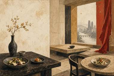 vaso sobre mesa escura com pratos de comida servidos, janela com cortina vermelha e skyline com ponte ao fundo
