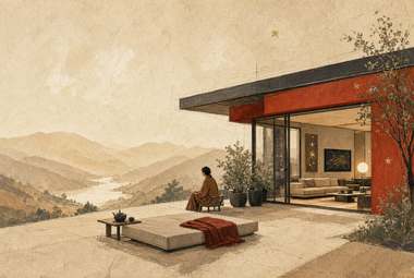 interior minimalista com plataforma/cama, viga vermelha estrutural, vão aberto para vista de montanhas conecta