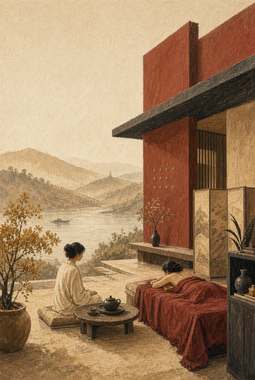 pessoa sentada em plataforma tomando chá, bonsai em vaso, roupa de cama vermelha, vista de lago e montanhas