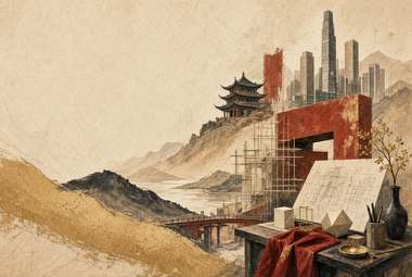 cidade em construção com andaimes na colina, pagode ao fundo, mesa com maquete arquitetônica e instrumentos de