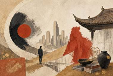 composição abstrata com círculo de tinta preto e vermelho, skyline ao fundo, telhado de pagode, homem caminhan
