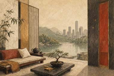 sala de estar com sofá baixo, mesa de centro com bule e vaso, planta de bambu grande e bonsai, vista de rio e