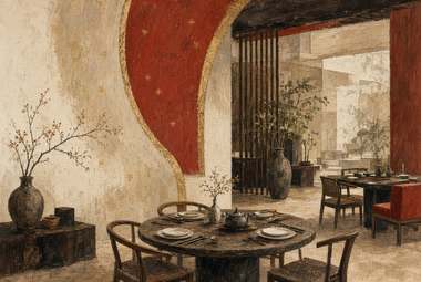 sala de jantar com mesa redonda posta, portal circular vermelho tipo moon gate, vasos e plantas