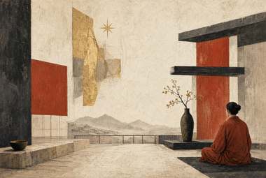 composição abstrata com painéis geométricos vermelho e dourado flutuantes, pessoa sentada em posição de medita