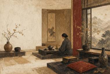 interior com pessoa ajoelhada em mesa baixa servindo chá, rolo de caligrafia na parede, pilar vermelho, vista