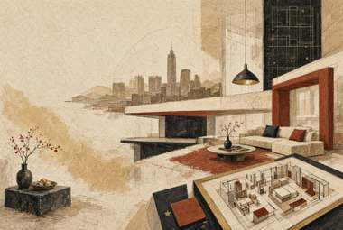interior com maquete/plano de móveis em miniatura no chão, janela com vista de skyline, sala aconchegante
