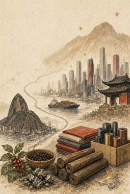 paisagem com pilhas de grãos de café, toras de madeira e latas metálicas em primeiro plano, barcos e skyline c