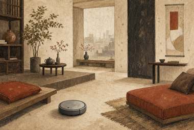 sala de estar com assento baixo, estante, obra caligráfica na parede, robô aspirador circular sobre o tapete,