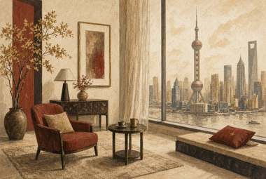 sala de estar com poltrona vermelha, planta, quadro na parede, skyline de Shanghai com Torre da Pérola Orienta