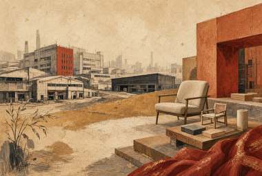 poltrona voltada para complexo industrial com chaminé e fachada vermelha, pano vermelho no chão, planta de bam