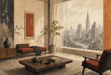 sala de estar com vidro do piso ao teto, skyline genérico ao fundo, mesa de centro baixa, painel vermelho com