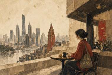 mulher sentada em mesa redonda de terraço com xícara de café e bolsa, skyline ao fundo com torre vermelha