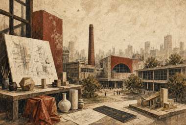 ateliê com cavalete de desenho arquitetônico, blocos empilhados, cidade industrial com chaminé fumegante ao fu