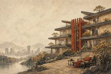 fachada de edifício com treliça de bambu vermelha, varandas com vista para vale de rio e montanhas