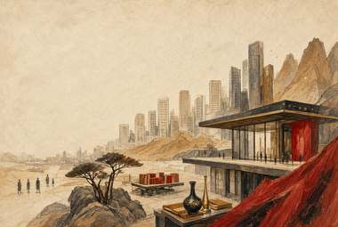 paisagem árida com skyline distante, estrutura arquitetônica moderna com cortina vermelha e mesa baixa com vas