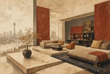 sala de estar com sofá comprido, estante, mesa com vaso e skyline urbano genérico ao fundo