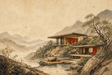paisagem de montanhas com pavilhão tradicional sobre pilotis à beira d