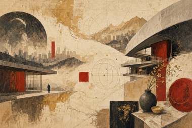 composição abstrata com lua/planeta grande, montanhas, arquitetura com painel vermelho, quadrado vermelho flut