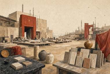 portal vermelho em obra/construção, amostras de placas de pedra/cerâmica dispostas em mesas, vasos e tigelas d