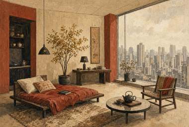 quarto com cama coberta por manta vermelha, planta, poltrona, janela ampla com vista de skyline