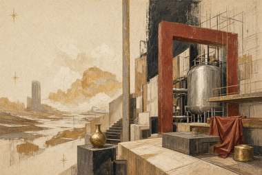 cena industrial com tanque/reator de aço, escada, moldura de porta vermelha, pano vermelho