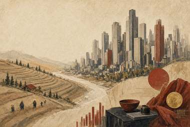 skyline urbano acima de terraços agrícolas, sol vermelho, tigela e barras verticais vermelhas em estilo gráfic