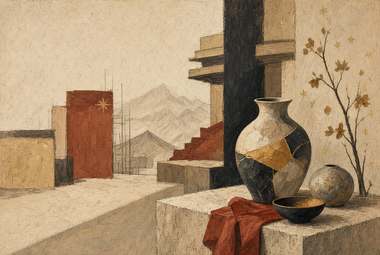 composição de mesa de pedra com vaso de cerâmica, tigela, pano vermelho e ramo floral, fundo de montanhas