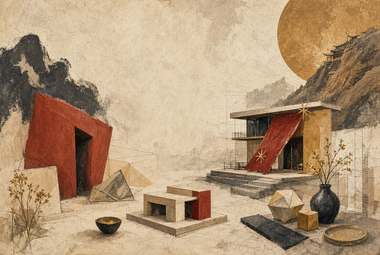 pequeno portal vermelho, paisagem de montanha, vaso, tigela e objetos decorativos geométricos sobre mesa, luz