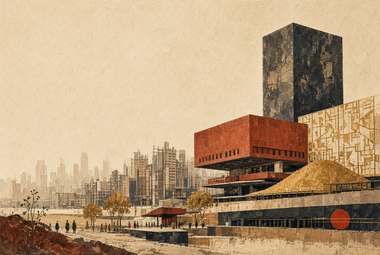 skyline moderno com edifício cúbico preto e vermelho de aparência cultural/galeria em destaque