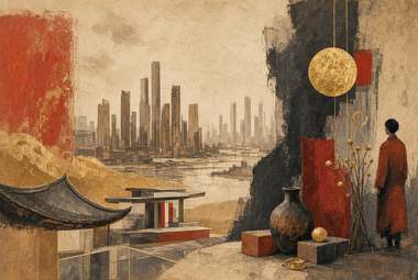skyline urbano estilizado, disco dourado suspenso ao lado de painel vermelho, figura de robe vermelho junto a