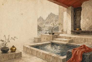piscina/banho ao ar livre em ambiente de montanha, degraus de pedra, pano vermelho, vasos