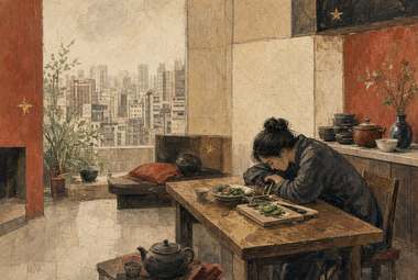 mulher curvada sobre mesa comendo com hashi, bule de chá, skyline urbano visível ao fundo através de porta de