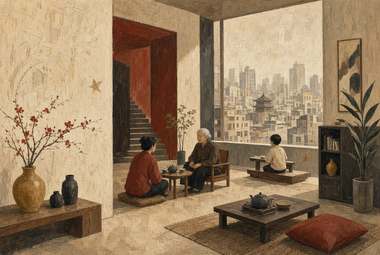 interior com idoso, adulto e criança sentados ao redor de mesa baixa, escada ao fundo, janela com skyline e pa