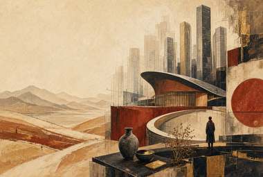 skyline futurista curvo, grande círculo vermelho como sol, figura solitária em paisagem árida