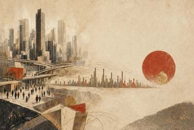 skyline futurista abstrato com barras verticais tipo gráfico ao longo de uma praça, sol/círculo vermelho, mult