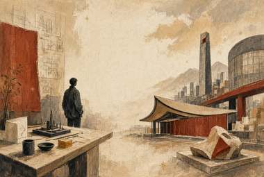 figura em pé junto a mesa com maquete, skyline com torre circular escura entre outros arranha-céus e estrutura