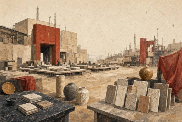 Ilustração de amostras de pedra e cerâmica dispostas sobre uma bancada de projeto