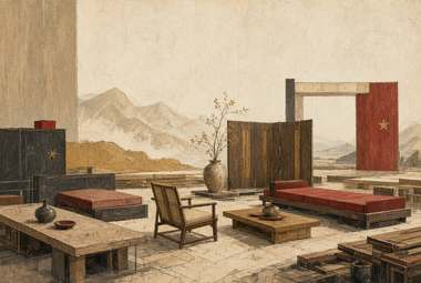 interior com biombo de madeira e painel vermelho, dois bancos-cama baixos, poltrona e mesas baixas, montanhas