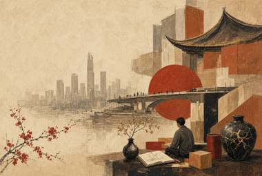 skyline urbano com ponte, disco vermelho como sol, pessoa sentada à mesa com livro, vasos