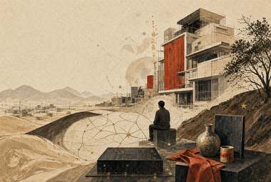 construção com volume vermelho em balanço sobre paisagem árida, pessoa sentada, linhas de constelação sobrepos