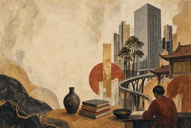 pessoa sentada à mesa lendo, skyline com arranha-céu e telhado de pagode, círculo vermelho grande e escadaria