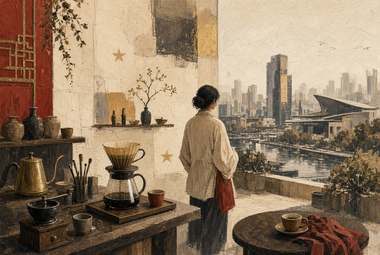 mulher em balcão com equipamento de café coado (funil, chaleira, xícaras), vista de rio pela janela, pano verm